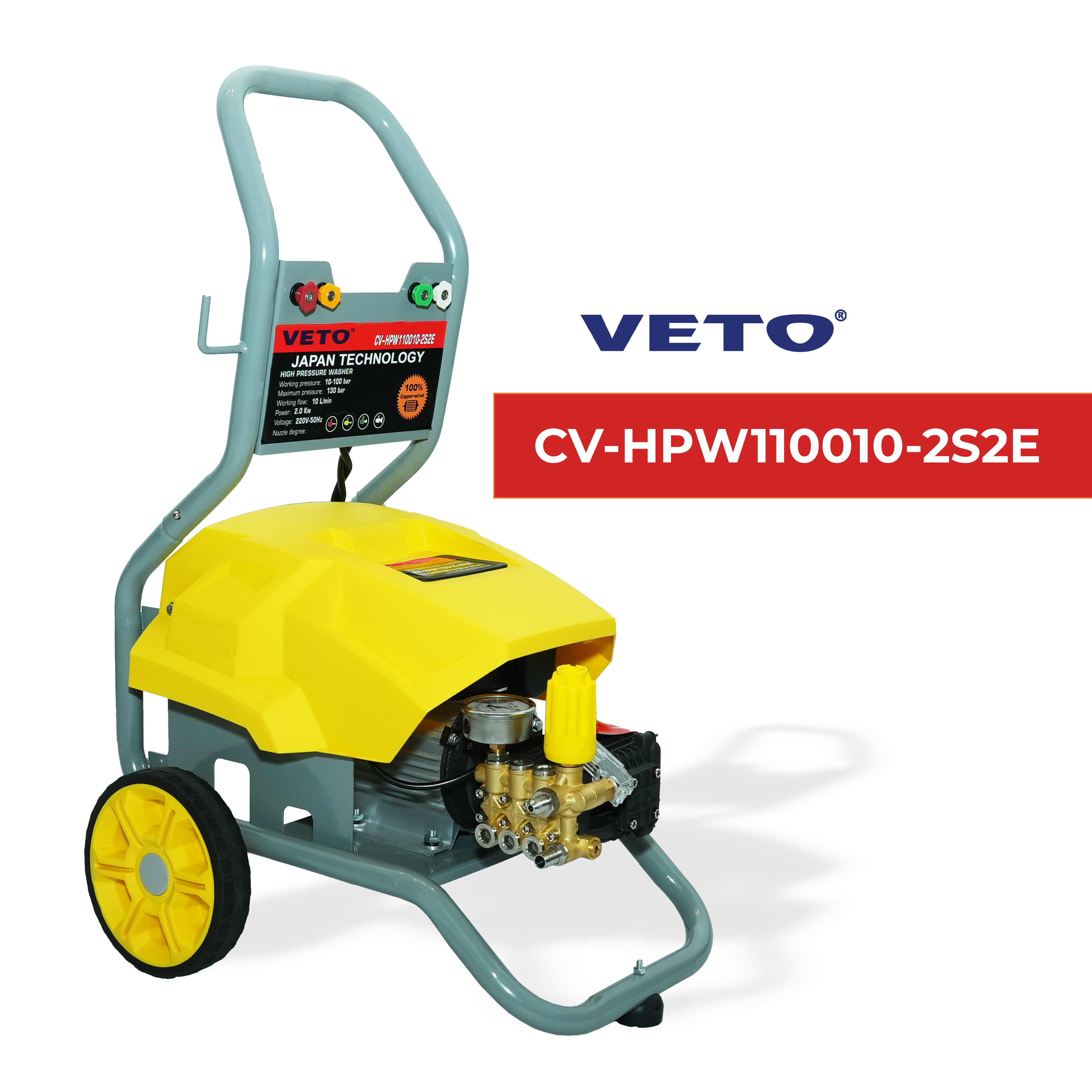 VETO High Pressure Washer | Maximum Pressure 130 Bar | 10 LPM High Water Flow | Heavy Duty Powerful 2KW Single Phase Copper Motor | Plug and play High Pressure Washer | CV-HPW110010-2S2E