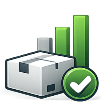 Icon of a package with a green check mark and two green bars on a white background
